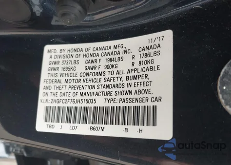 2018 Honda Civic Ex z USA, uszkodzony, nr VIN 2HGFC2F76JH515035
